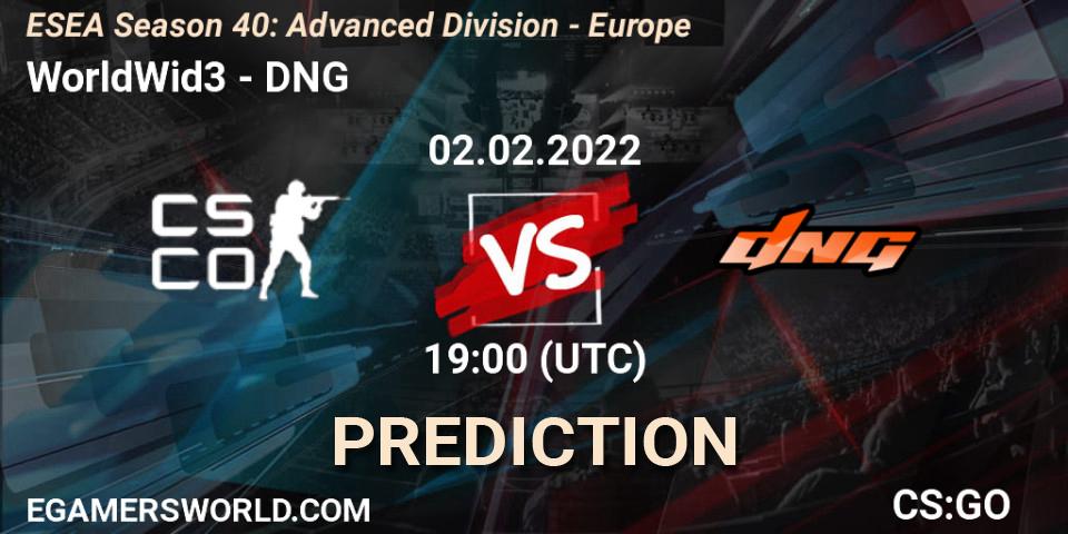 WorldWid3 vs DNG: Match Prediction. 02.02.2022 at 19:00, Counter-Strike (CS2), ESEA Season 40: Advanced Division - Europe