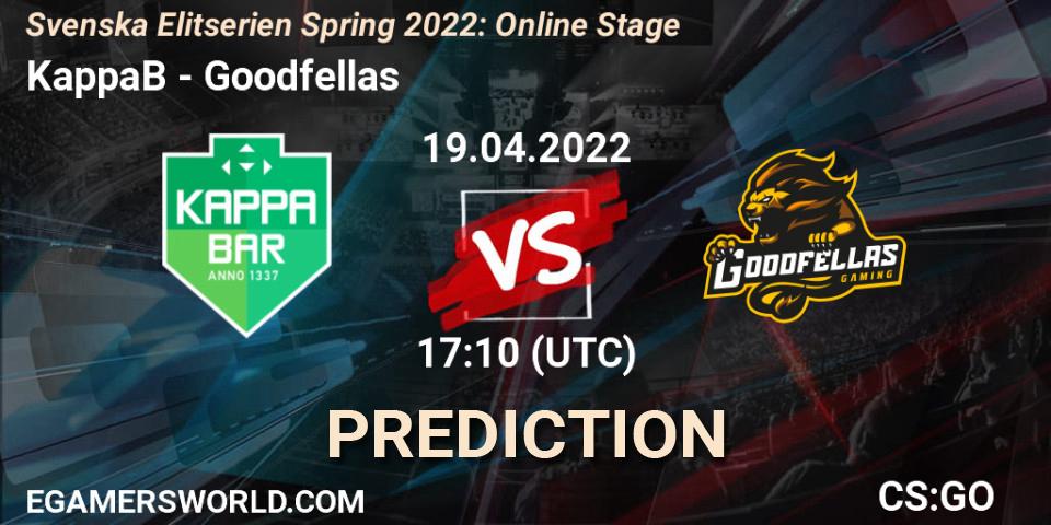 KappaB vs Goodfellas: Match Prediction. 19.04.2022 at 17:10, Counter-Strike (CS2), Svenska Elitserien Spring 2022: Online Stage