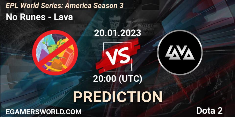 No Runes vs Lava: Match Prediction. 20.01.2023 at 20:00, Dota 2, EPL World Series: America Season 3