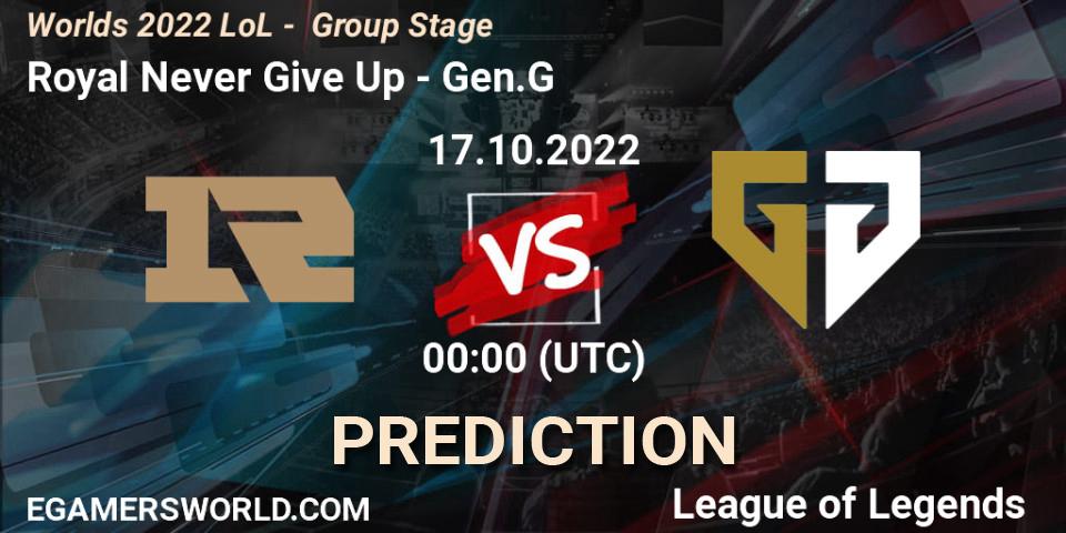 Royal Never Give Up vs Gen.G: Match Prediction. 17.10.22, LoL, Worlds 2022 LoL - Group Stage