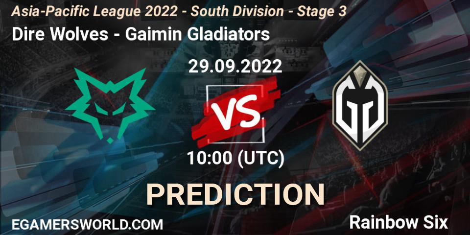 Dire Wolves vs Gaimin Gladiators: Match Prediction. 29.09.2022 at 10:00, Rainbow Six, Asia-Pacific League 2022 - South Division - Stage 3