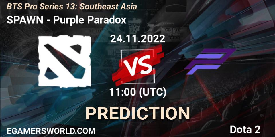 SPAWN Team vs Purple Paradox: Match Prediction. 24.11.2022 at 11:26, Dota 2, BTS Pro Series 13: Southeast Asia