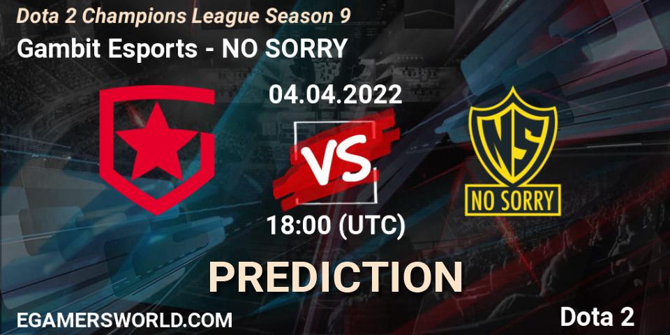 Gambit Esports vs NO SORRY: Match Prediction. 04.04.2022 at 18:10, Dota 2, Dota 2 Champions League Season 9