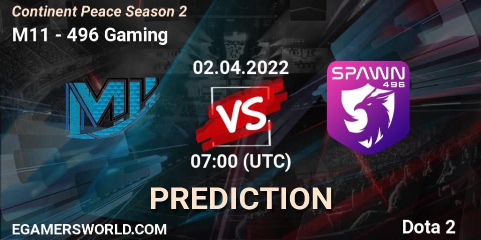 M11 vs 496 Gaming: Match Prediction. 02.04.2022 at 07:29, Dota 2, Continent Peace Season 2 