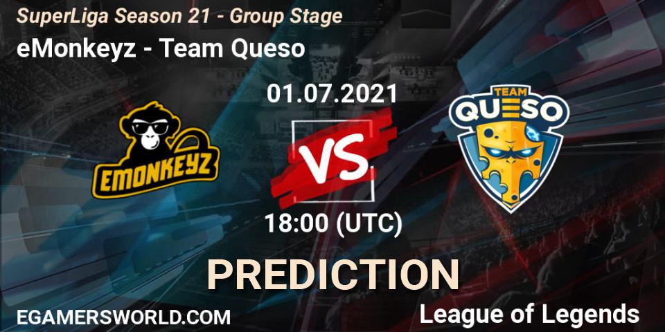 eMonkeyz vs Team Queso: Match Prediction. 01.07.21, LoL, SuperLiga Season 21 - Group Stage 