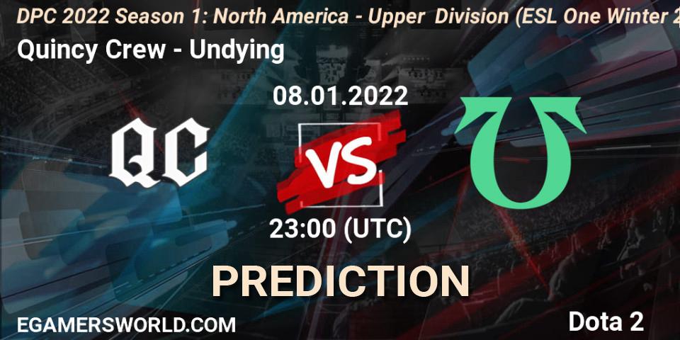 Quincy Crew vs Undying: Match Prediction. 08.01.2022 at 22:55, Dota 2, DPC 2022 Season 1: North America - Upper Division (ESL One Winter 2021)