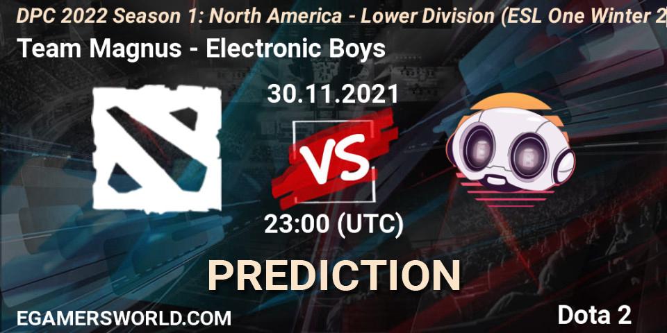 Team Magnus vs Electronic Boys: Match Prediction. 30.11.2021 at 22:56, Dota 2, DPC 2022 Season 1: North America - Lower Division (ESL One Winter 2021)