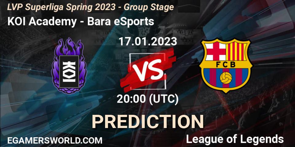 KOI Academy vs Barça eSports: Match Prediction. 17.01.2023 at 20:00, LoL, LVP Superliga Spring 2023 - Group Stage