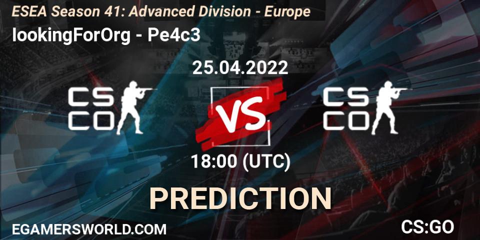 IookingForOrg vs Pe4c3: Match Prediction. 25.04.2022 at 18:00, Counter-Strike (CS2), ESEA Season 41: Advanced Division - Europe