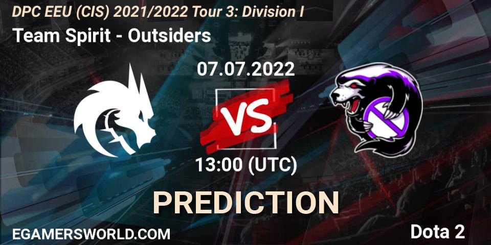 Team Spirit vs Outsiders: Match Prediction. 07.07.2022 at 13:16, Dota 2, DPC EEU (CIS) 2021/2022 Tour 3: Division I