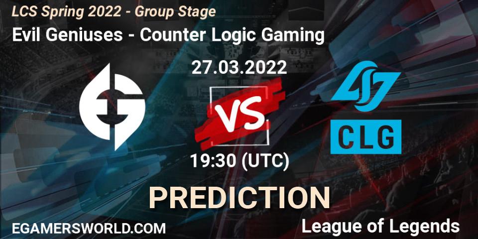 Evil Geniuses vs Counter Logic Gaming: Match Prediction. 27.03.22, LoL, LCS Spring 2022 - Group Stage