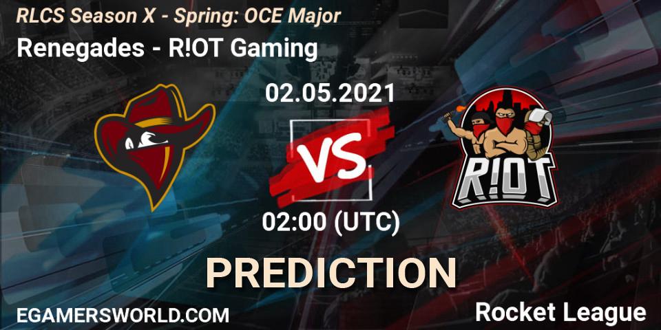 Renegades vs R!OT Gaming: Match Prediction. 02.05.2021 at 01:45, Rocket League, RLCS Season X - Spring: OCE Major