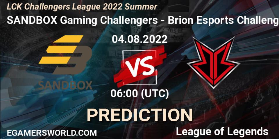 SANDBOX Gaming Challengers vs Brion Esports Challengers: Match Prediction. 04.08.22, LoL, LCK Challengers League 2022 Summer