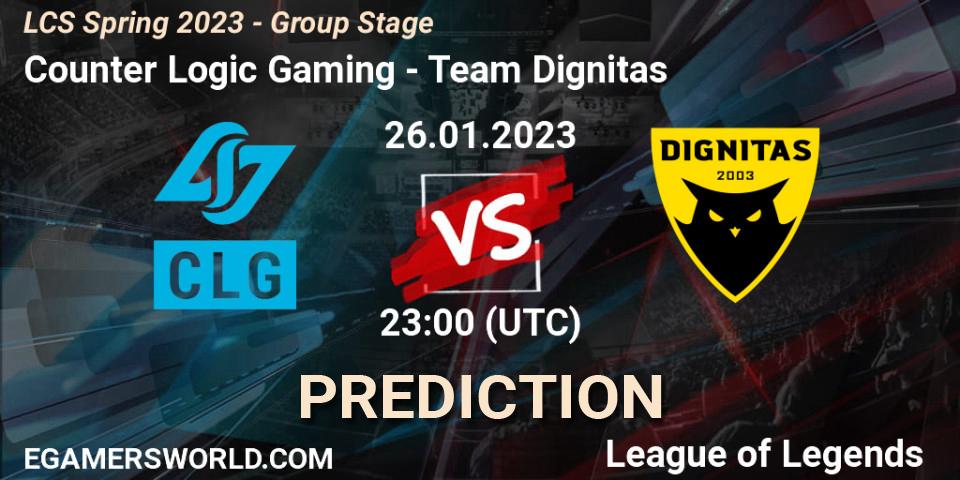 Counter Logic Gaming vs Team Dignitas: Match Prediction. 27.01.2023 at 01:15, LoL, LCS Spring 2023 - Group Stage