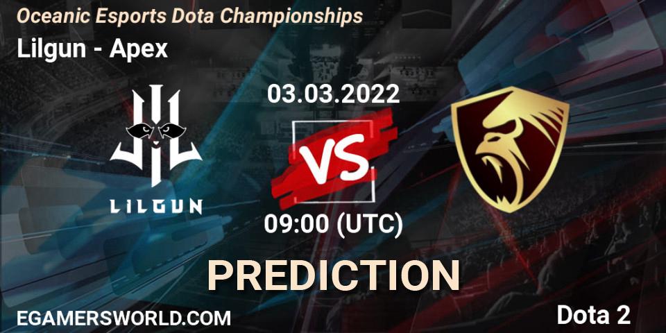 Lilgun vs Apex: Match Prediction. 03.03.2022 at 05:18, Dota 2, Oceanic Esports Dota Championships