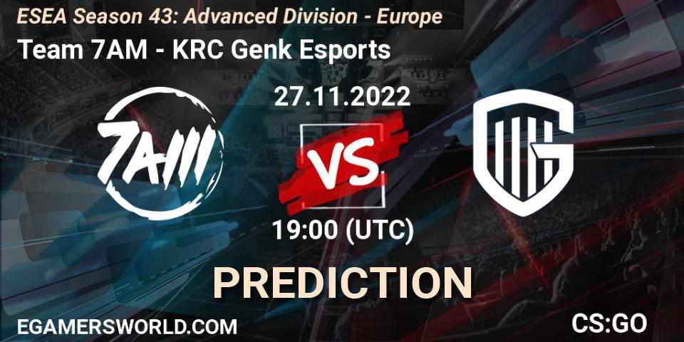 Team 7AM vs KRC Genk Esports: Match Prediction. 27.11.2022 at 19:00, Counter-Strike (CS2), ESEA Season 43: Advanced Division - Europe