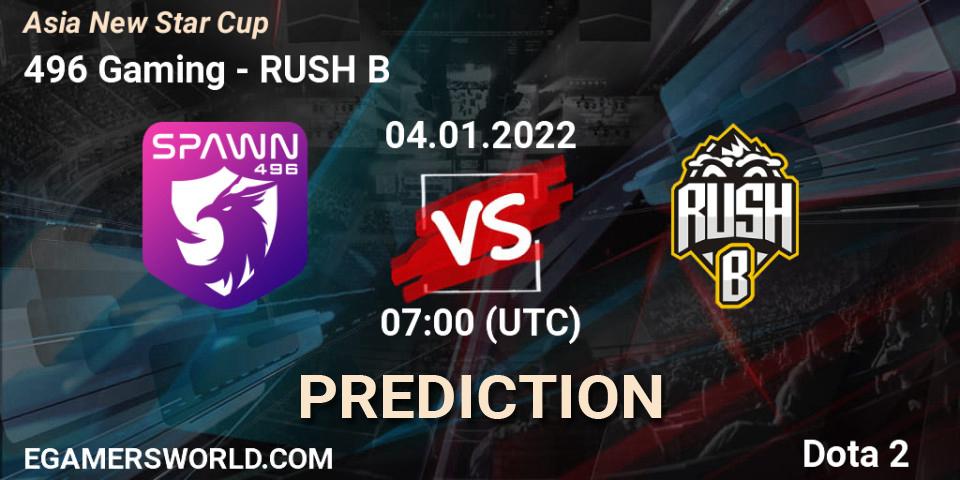 496 Gaming vs RUSH B: Match Prediction. 04.01.2022 at 07:19, Dota 2, Asia New Star Cup