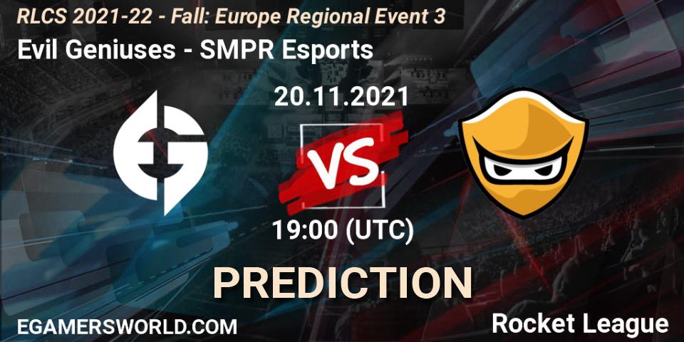 Evil Geniuses vs SMPR Esports: Match Prediction. 20.11.2021 at 19:00, Rocket League, RLCS 2021-22 - Fall: Europe Regional Event 3