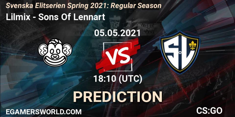 Lilmix vs Sons Of Lennart: Match Prediction. 05.05.2021 at 18:10, Counter-Strike (CS2), Svenska Elitserien Spring 2021: Regular Season