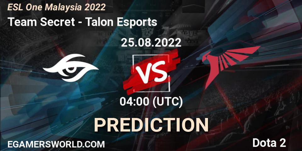 Team Secret vs Talon Esports: Match Prediction. 25.08.22, Dota 2, ESL One Malaysia 2022