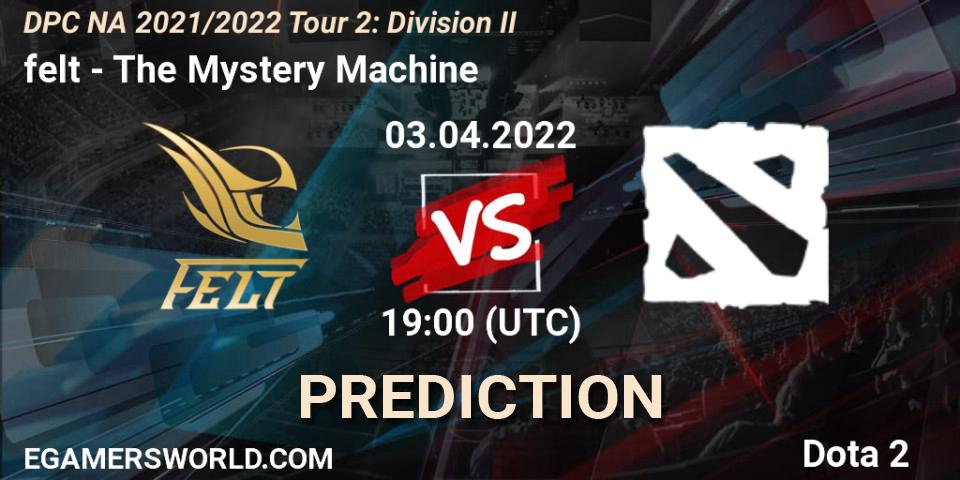 felt vs The Mystery Machine: Match Prediction. 03.04.2022 at 18:55, Dota 2, DP 2021/2022 Tour 2: NA Division II (Lower) - ESL One Spring 2022