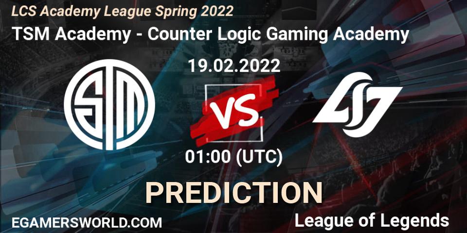 TSM Academy vs Counter Logic Gaming Academy: Match Prediction. 19.02.2022 at 00:55, LoL, LCS Academy League Spring 2022