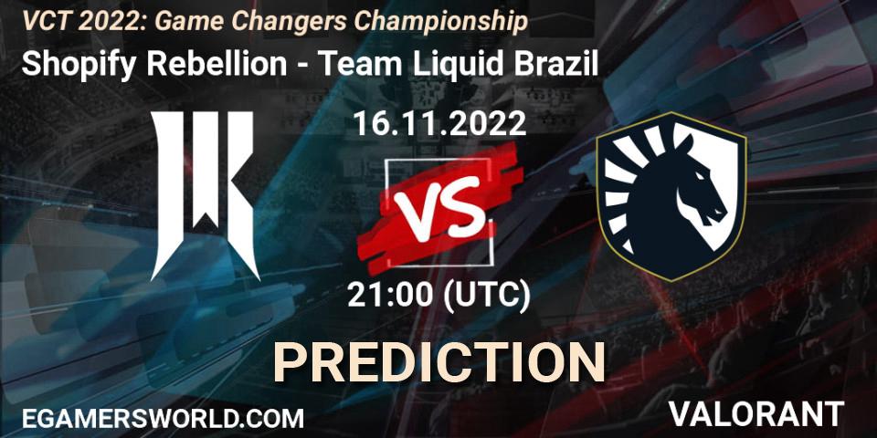 Shopify Rebellion vs Team Liquid Brazil: Match Prediction. 17.11.2022 at 14:15, VALORANT, VCT 2022: Game Changers Championship