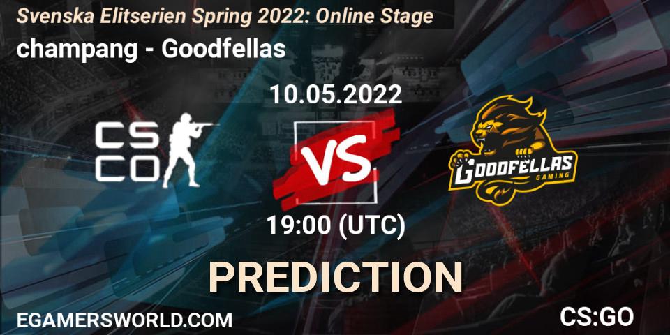 champang vs Goodfellas: Match Prediction. 10.05.2022 at 19:00, Counter-Strike (CS2), Svenska Elitserien Spring 2022: Online Stage