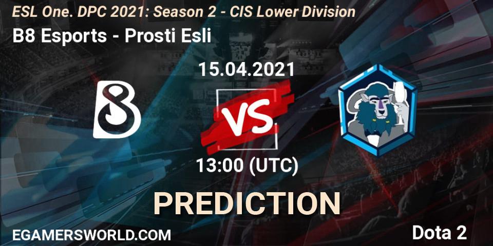 B8 Esports vs Prosti Esli: Match Prediction. 15.04.2021 at 12:55, Dota 2, ESL One. DPC 2021: Season 2 - CIS Lower Division