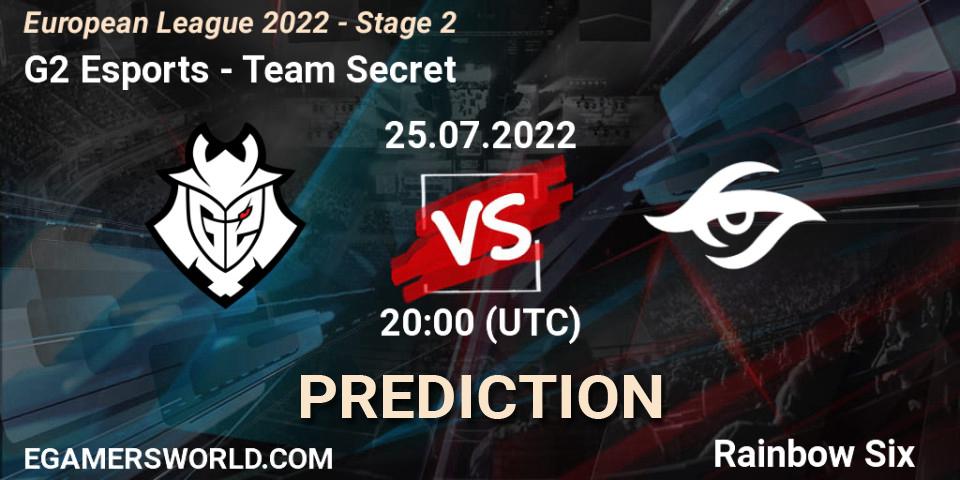 G2 Esports vs Team Secret: Match Prediction. 25.07.2022 at 19:00, Rainbow Six, European League 2022 - Stage 2