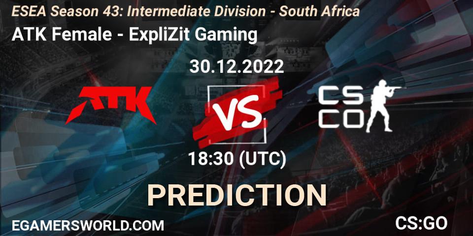 ATK Female vs ExpliZit Gaming: Match Prediction. 29.12.2022 at 18:30, Counter-Strike (CS2), ESEA Season 43: Intermediate Division - South Africa
