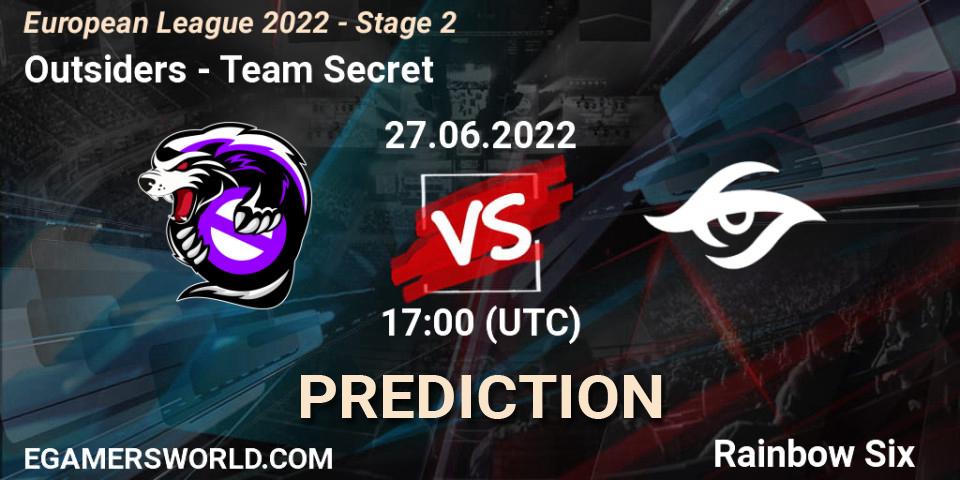 Outsiders vs Team Secret: Match Prediction. 27.06.2022 at 16:00, Rainbow Six, European League 2022 - Stage 2