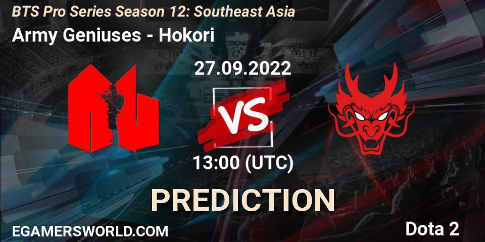 Army Geniuses vs Hokori: Match Prediction. 27.09.2022 at 13:56, Dota 2, BTS Pro Series Season 12: Southeast Asia
