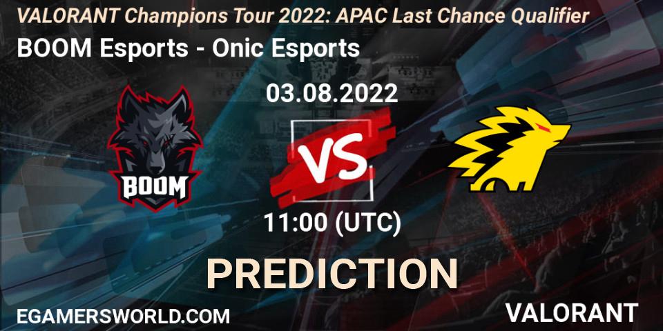 BOOM Esports vs Onic Esports: Match Prediction. 03.08.2022 at 11:15, VALORANT, VCT 2022: APAC Last Chance Qualifier