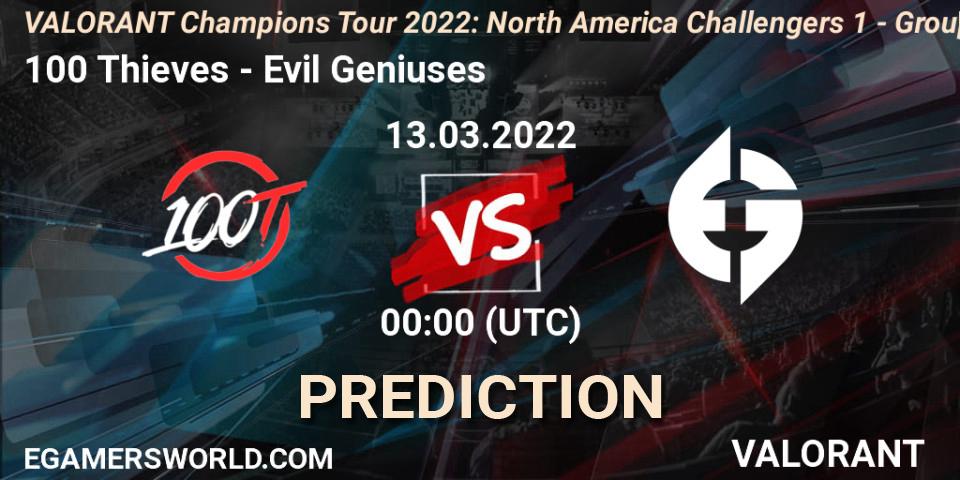 100 Thieves vs Evil Geniuses: Match Prediction. 12.03.2022 at 21:00, VALORANT, VCT 2022: North America Challengers 1 - Group Stage
