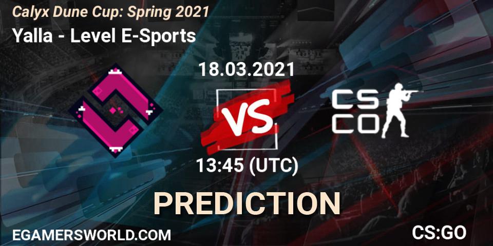 Yalla vs Level E-Sports: Match Prediction. 18.03.2021 at 13:55, Counter-Strike (CS2), Calyx Dune Cup: Spring 2021