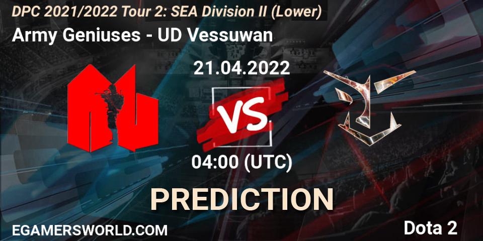 Army Geniuses vs UD Vessuwan: Match Prediction. 21.04.22, Dota 2, DPC 2021/2022 Tour 2: SEA Division II (Lower)