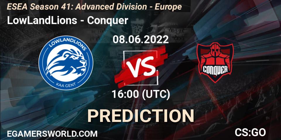 LowLandLions vs Conquer: Match Prediction. 08.06.2022 at 16:00, Counter-Strike (CS2), ESEA Season 41: Advanced Division - Europe
