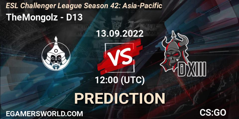TheMongolz vs D13: Match Prediction. 13.09.2022 at 12:00, Counter-Strike (CS2), ESL Challenger League Season 42: Asia-Pacific