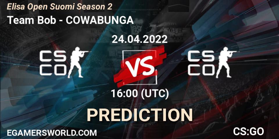 Team Bob vs COWABUNGA: Match Prediction. 24.04.2022 at 16:00, Counter-Strike (CS2), Elisa Open Suomi Season 2