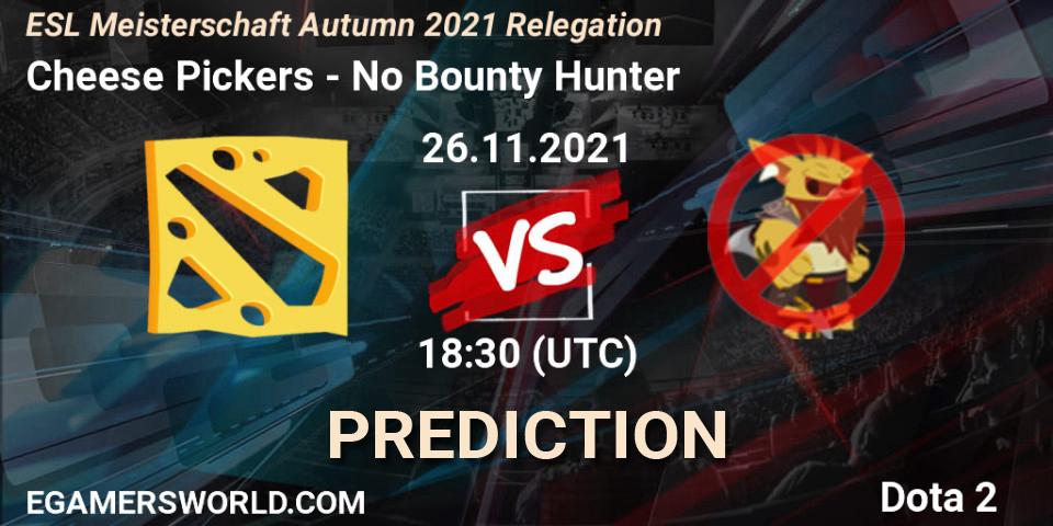 Cheese Pickers vs No Bounty Hunter: Match Prediction. 26.11.2021 at 18:30, Dota 2, ESL Meisterschaft Autumn 2021 Relegation