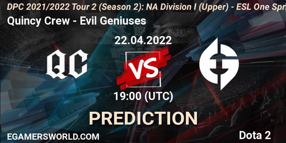 Quincy Crew vs Evil Geniuses: Match Prediction. 22.04.2022 at 18:55, Dota 2, DPC 2021/2022 Tour 2 (Season 2): NA Division I (Upper) - ESL One Spring 2022