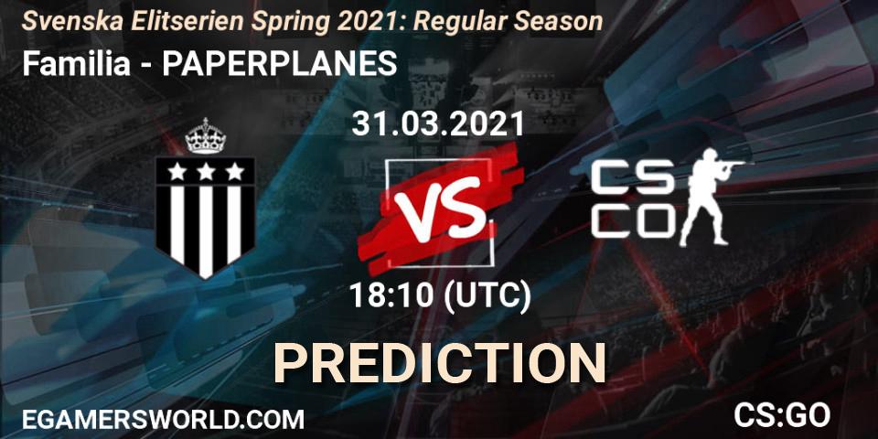 Familia vs PAPERPLANES: Match Prediction. 31.03.2021 at 18:10, Counter-Strike (CS2), Svenska Elitserien Spring 2021: Regular Season