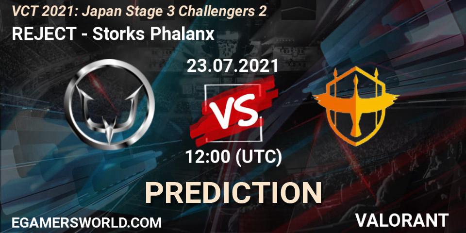 REJECT vs Storks Phalanx: Match Prediction. 23.07.2021 at 12:00, VALORANT, VCT 2021: Japan Stage 3 Challengers 2