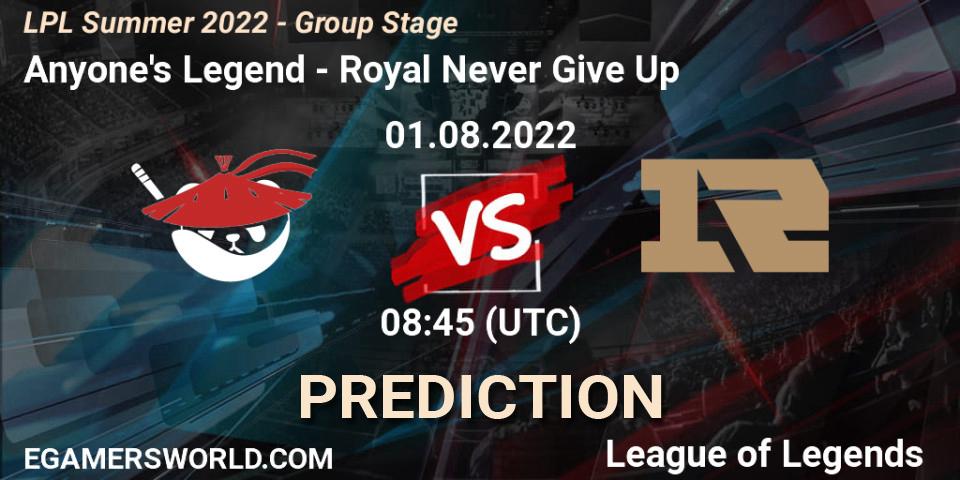 Anyone's Legend vs Royal Never Give Up: Match Prediction. 01.08.22, LoL, LPL Summer 2022 - Group Stage