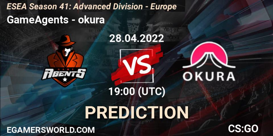 GameAgents vs okura: Match Prediction. 28.04.2022 at 19:00, Counter-Strike (CS2), ESEA Season 41: Advanced Division - Europe