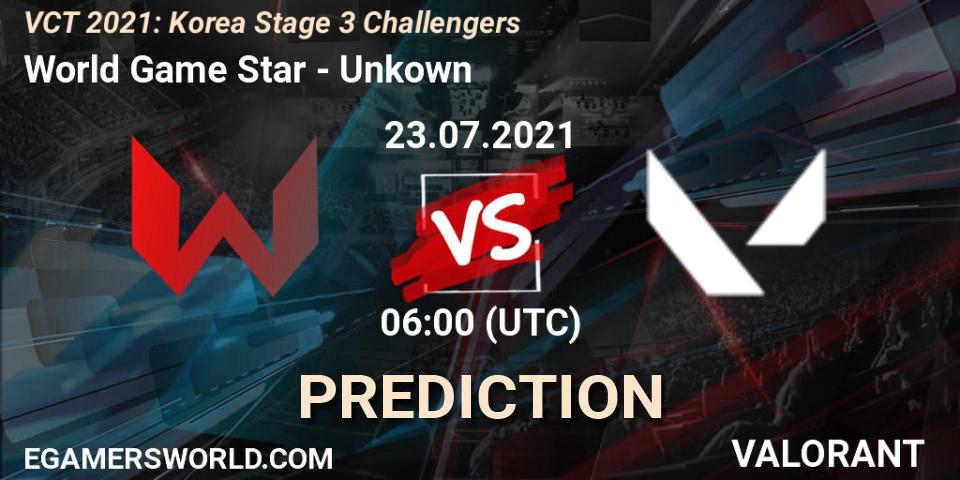 World Game Star vs Unkown: Match Prediction. 23.07.2021 at 06:00, VALORANT, VCT 2021: Korea Stage 3 Challengers