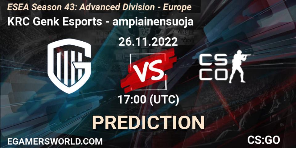 KRC Genk Esports vs ampiainensuoja: Match Prediction. 26.11.2022 at 17:00, Counter-Strike (CS2), ESEA Season 43: Advanced Division - Europe
