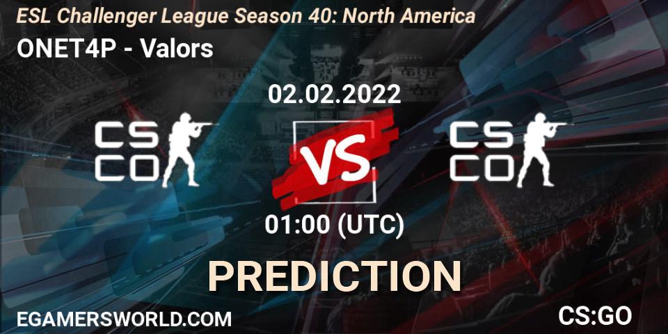 ONET4P vs Valors: Match Prediction. 02.02.2022 at 01:00, Counter-Strike (CS2), ESL Challenger League Season 40: North America