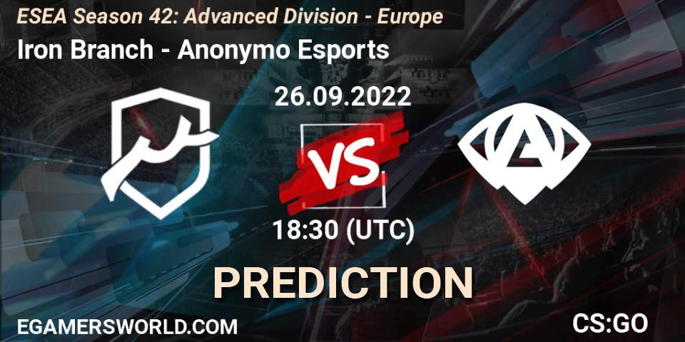 Iron Branch vs Anonymo Esports: Match Prediction. 27.09.2022 at 18:10, Counter-Strike (CS2), ESEA Season 42: Advanced Division - Europe